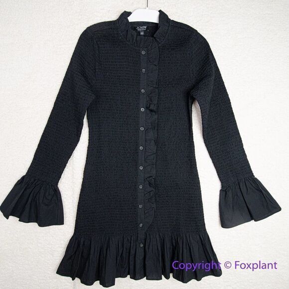 NEW J CREW SMOCKED LG SLEEVE BUTTON UP RUFFLE MINI DRESS black, M - Picture 3 of 16
